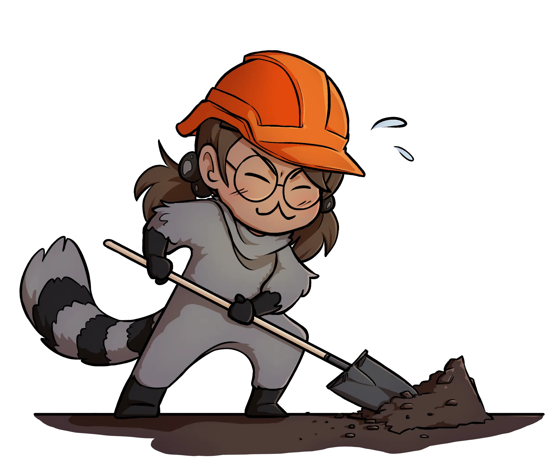 Boba-tan wearing a construction helmet and digging a hole.