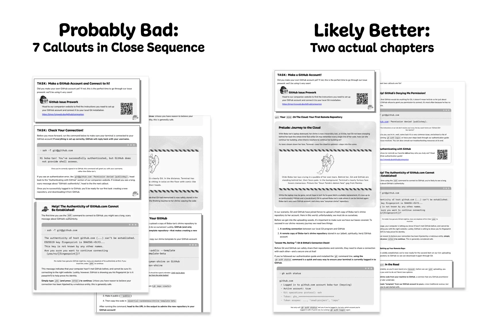 A comparison of two long screenshots of pages. Left: Probably Bad:
7 Callouts in Close Sequence, Right: Likely Better:
Two actual chapters