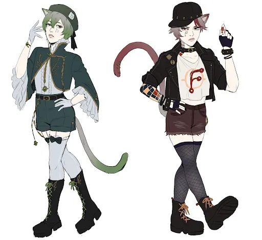 Character art for Gitea and Forgejo gijinka designs, both by Jack @brokemycrown.
They are catboys whose ears stick out slightly from under their hats.

The Gitea design is turned to the left and looking towards Forgejo. He has
grayish hair that fades into a green color ombre and has the Gitea logo beneath
his left eye. He has the look of a longing Victorian child and wears clothes
inspired by the time period, with a jacket that clasps at the neck with lots of
ruffles and short shorts that help keep up a combo of stockings and combat
boots.

The Forgejo design is turned towards the right and he has a pouty-angry
expression. Beneath his right eye is the Forgejo icon. He has a very punk look,
with a sleeve of color block tattoos going up to his neck on his right arm, a
studded leather jacket, ripped shorts and fishnet stockings. His shirt has a
graffiti style'd forgejo icon over an empty git commit icon. He wears a black
baseball cap. His hair and tail color is a grayish-brown that turns into a
reddish ombre. His tail also has three piercings.