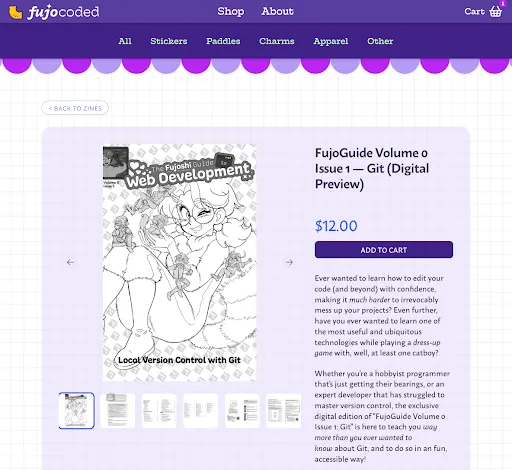 The shop page for FujoGuide Volume 0 Issue 1 on Git which costs $12. 

The cover shows Boba-tan sitting and posing, holding tiny figures of Terminal, Git, Aria, and HTML. 

It is subtitled "Local version control with Git".