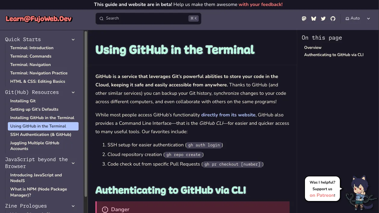 A screenshot of the "Using GitHub in the Terminal" guide on learn-at, showing an overview and "Authenticating ot GitHub via CLI" section.