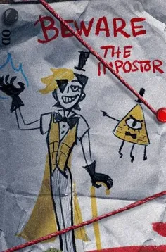 “Beware the impostor” sketch of a grinning tumblr sexyman (a famous Bill Cypher humansona from tumblr) beside Bill Cypher himself